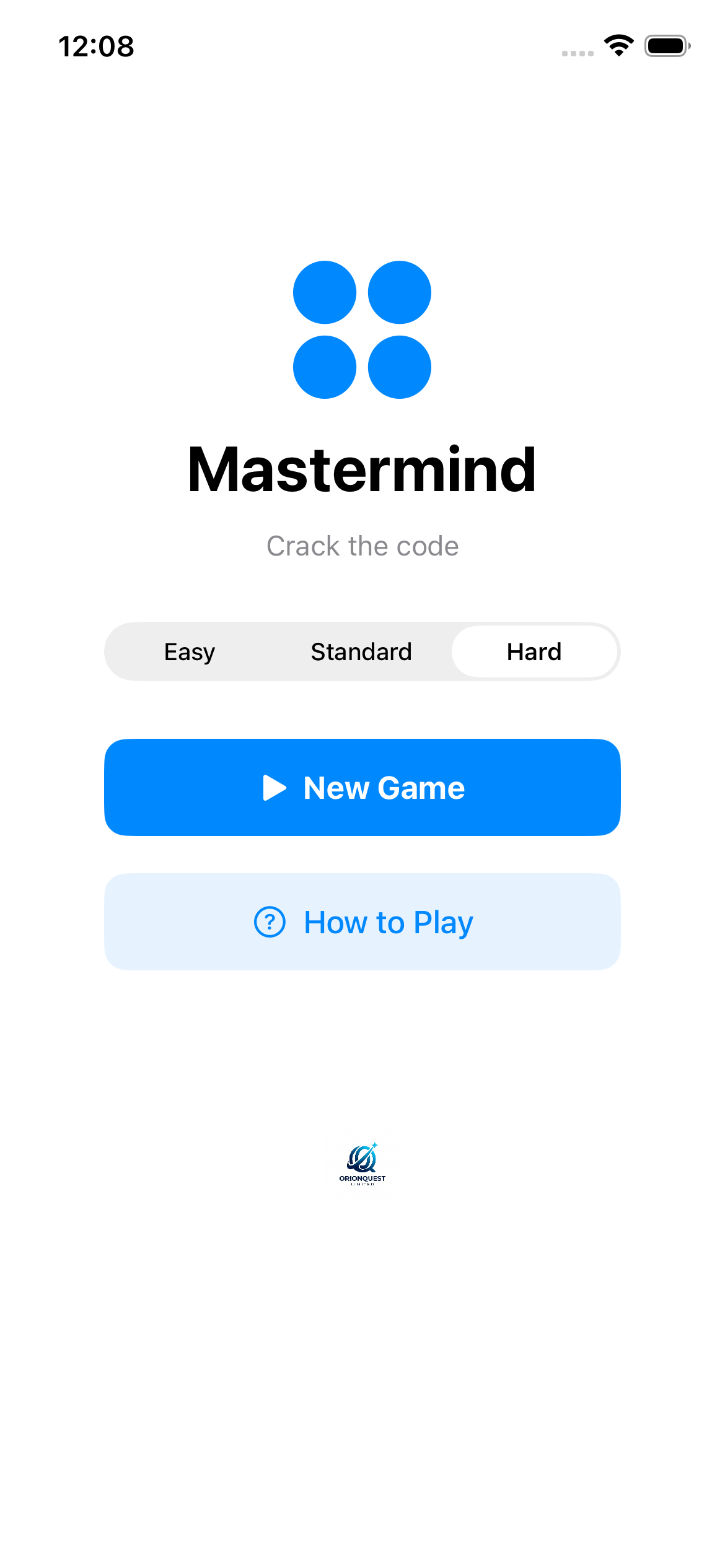 Mastermind main menu with difficulty picker